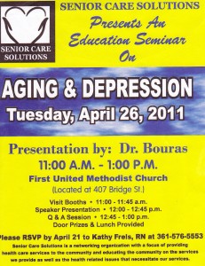 announcement for talk on aging and depression by Dr. Bouras